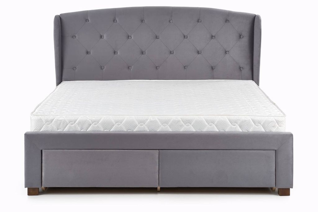 Kétszemélyes ágy, tárolóhellyel, bársonyszövet, steppelt, szürke, 160 cm - PLUTON - Butopêa termék 2. képe